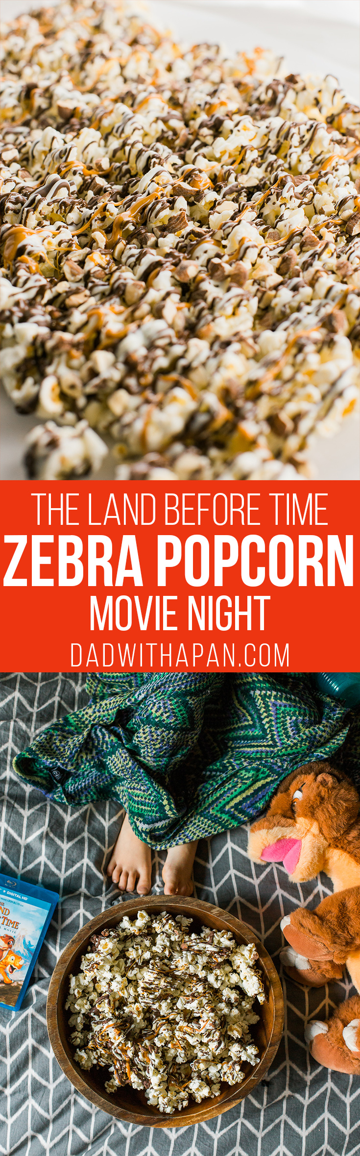 Zebra Popcorn recipe made a perfect companion for our Land Before Time Movie night! Drizzled with dark and white chocolate, caramel and chopped almonds!