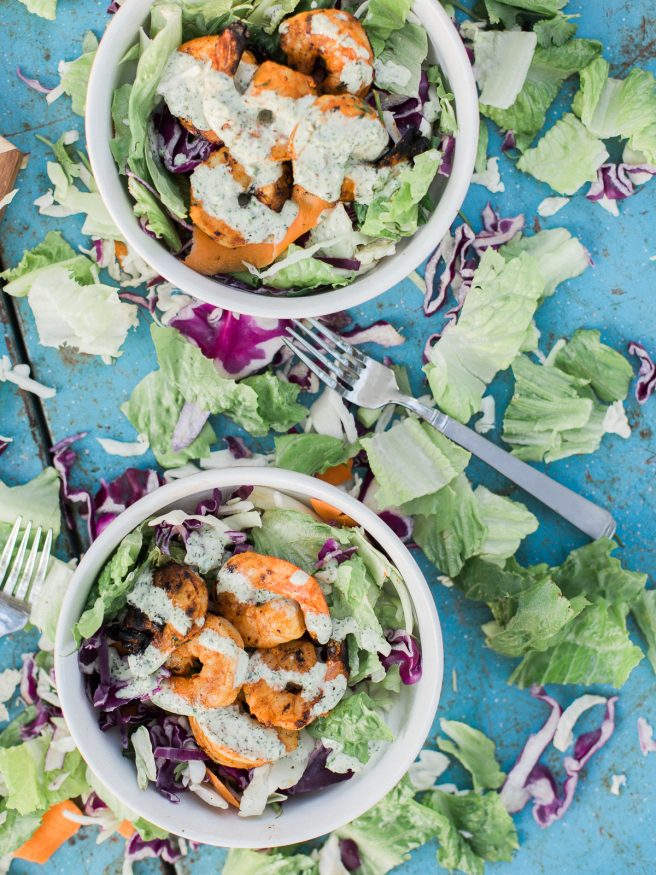 Grilled Margarita shrimp on a Southwestern Crunch Salad mix from Taylor Farms. Topped with a Jalapeno Cilantro Ranch dressing makes a perfect summer dinner!