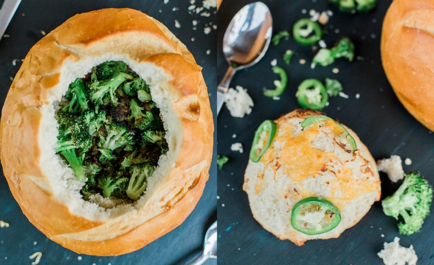 This potato soup bread bowl with roasted Parmesan broccoli and jalapeno has amazing texture and flavor with a bit of heat to warm you up on a cold day! 