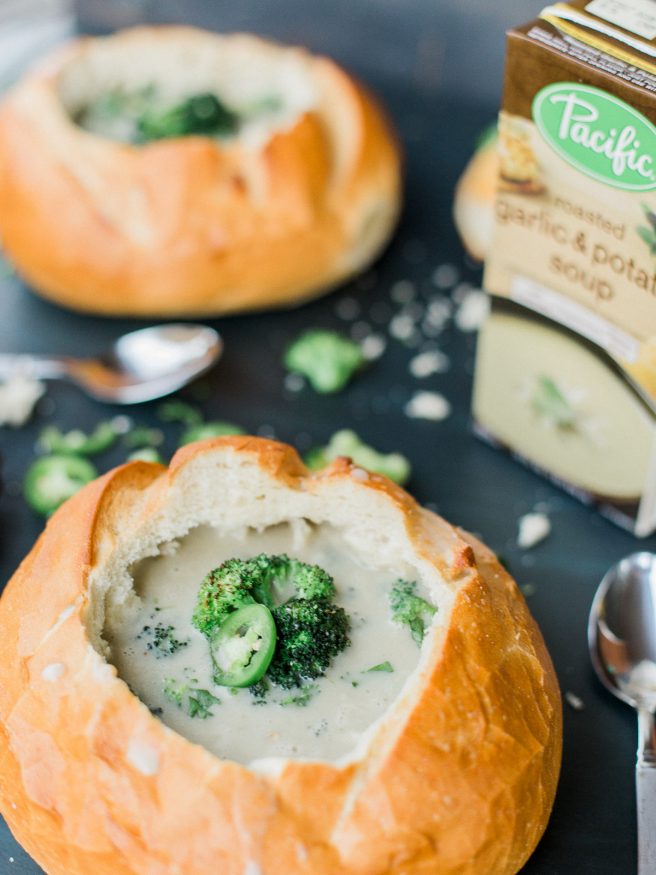 This potato soup bread bowl with roasted Parmesan broccoli and jalapeno has amazing texture and flavor with a bit of heat to warm you up on a cold day! 