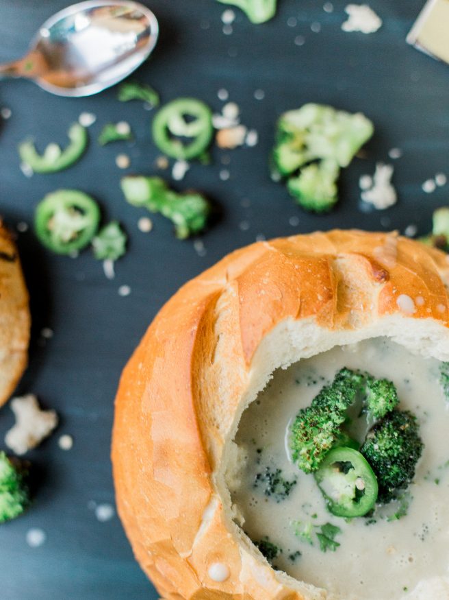 This potato soup bread bowl with roasted Parmesan broccoli and jalapeno has amazing texture and flavor with a bit of heat to warm you up on a cold day! 