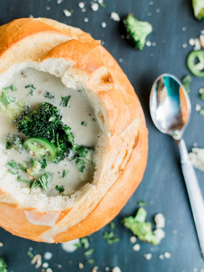 This potato soup bread bowl with roasted Parmesan broccoli and jalapeno has amazing texture and flavor with a bit of heat to warm you up on a cold day! 