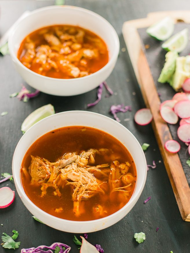 A from-scratch Red Pozole Rojo de pollo recipe that is SUPER easy to make!