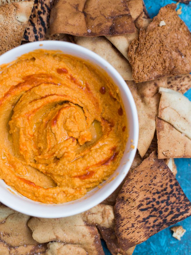 This sriracha hummus can be made in under 10 minutes, has bold flavor and nice heat that you'll want to put on everything!