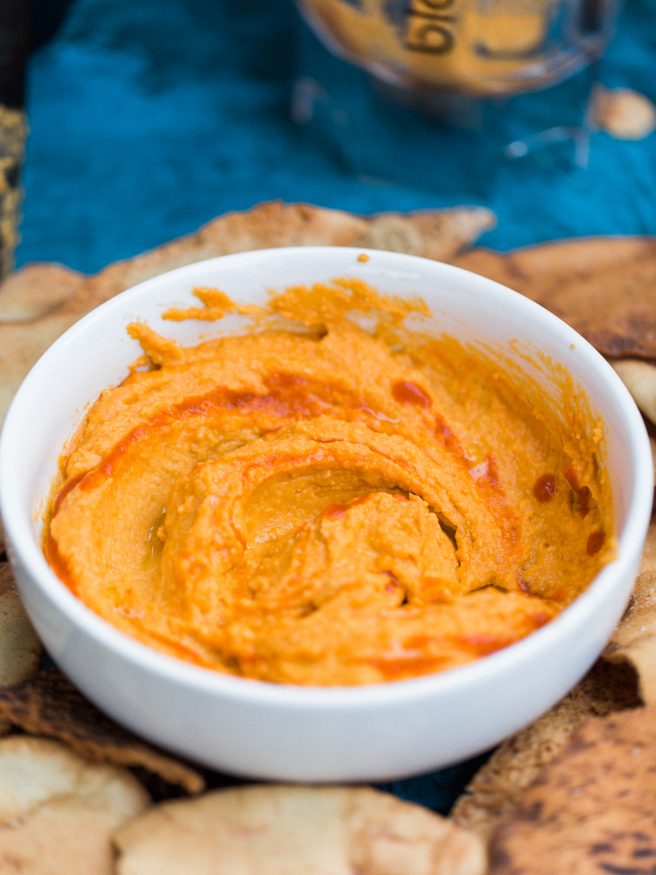 This sriracha hummus can be made in under 10 minutes, has bold flavor and nice heat that you'll want to put on everything!