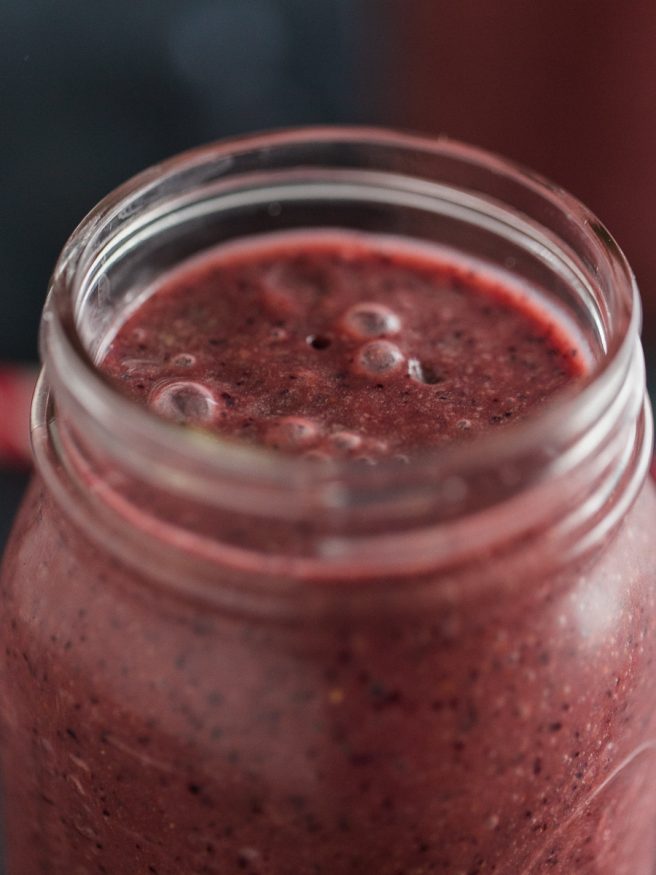 Acai smoothie full of nutrients with blueberries, strawberries, and coconut water. Great for keeping healthy on a lazy morning, or after workout snack!