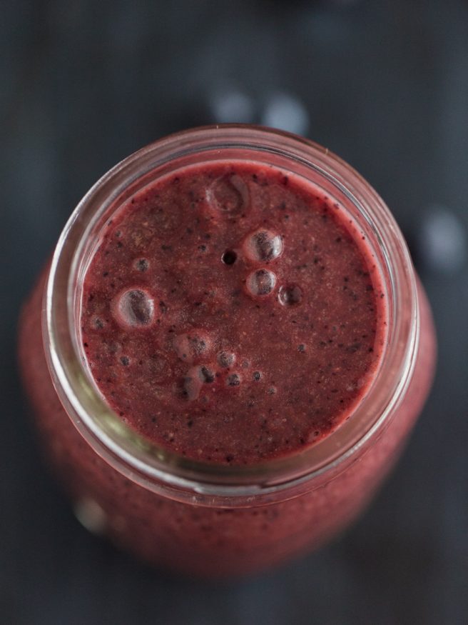 Acai smoothie full of nutrients with blueberries, strawberries, and coconut water. Great for keeping healthy on a lazy morning, or after workout snack!