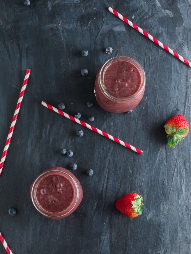 Acai smoothie full of nutrients with blueberries, strawberries, and coconut water. Great for keeping healthy on a lazy morning, or after workout snack!