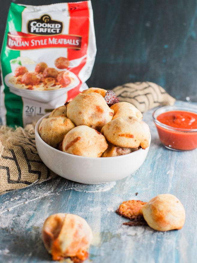 Meatball Marinara Bombs with pre-cooked Italian meatballs, pizza dough, mozzarella cheese and marinara sauce. Super fun snack idea, great for watch parties!