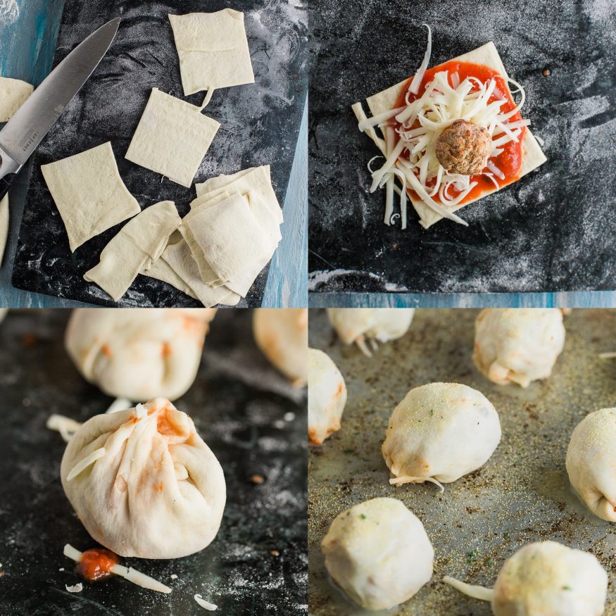 Meatball Marinara Bombs with pre-cooked Italian meatballs, pizza dough, mozzarella cheese and marinara sauce. Super fun snack idea, great for watch parties!