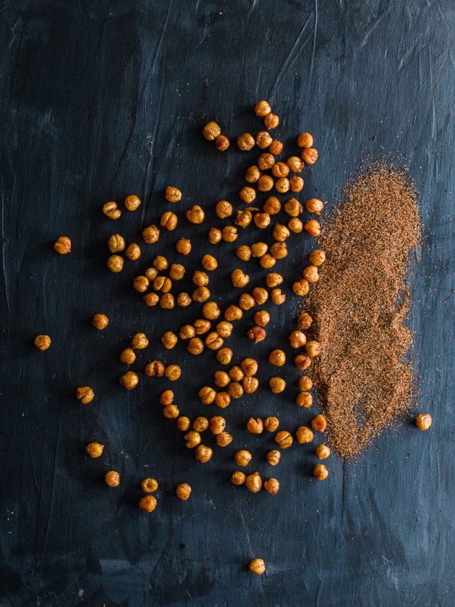 Roasted chickpeas with a from scratch chili seasoning. These roasted chickpeas taste amazing and are great to snack on when lounging around the house!