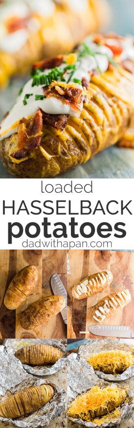 Hasselback potatoes loaded with cheese, bacon, sour cream, and fresh chopped chives, this is my new favorite way to have a baked potato!