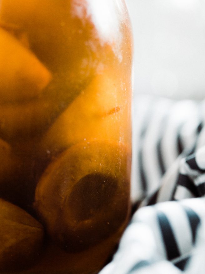 A homemade apricot whiskey, soaking fresh apricots in whiskey. When it was finally ready, I mad an amazing Apricot Whiskey Iced Tea Cocktail! 