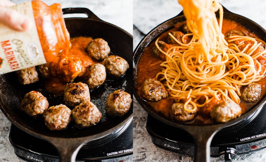 Spaghetti and Meatball Pot Pie is great one pan meal for the weekend. Spaghetti and Meatballs cooked with mozzarella and topped with pizza dough for crust!