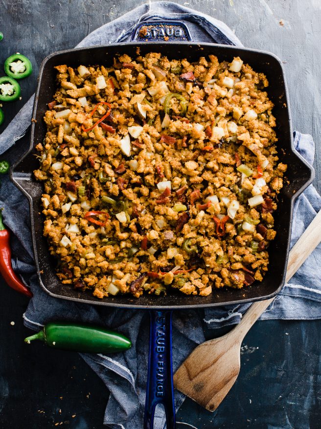 Cornbread stuffing with some heat! Bacon Jalapeno Cornbread stuffing is my absolute favorite side to bring to Thanksgiving get together's!