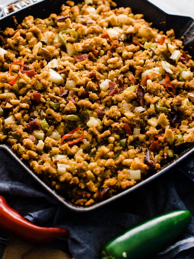 Cornbread stuffing with some heat! Bacon Jalapeno Cornbread stuffing is my absolute favorite side to bring to Thanksgiving get together's!