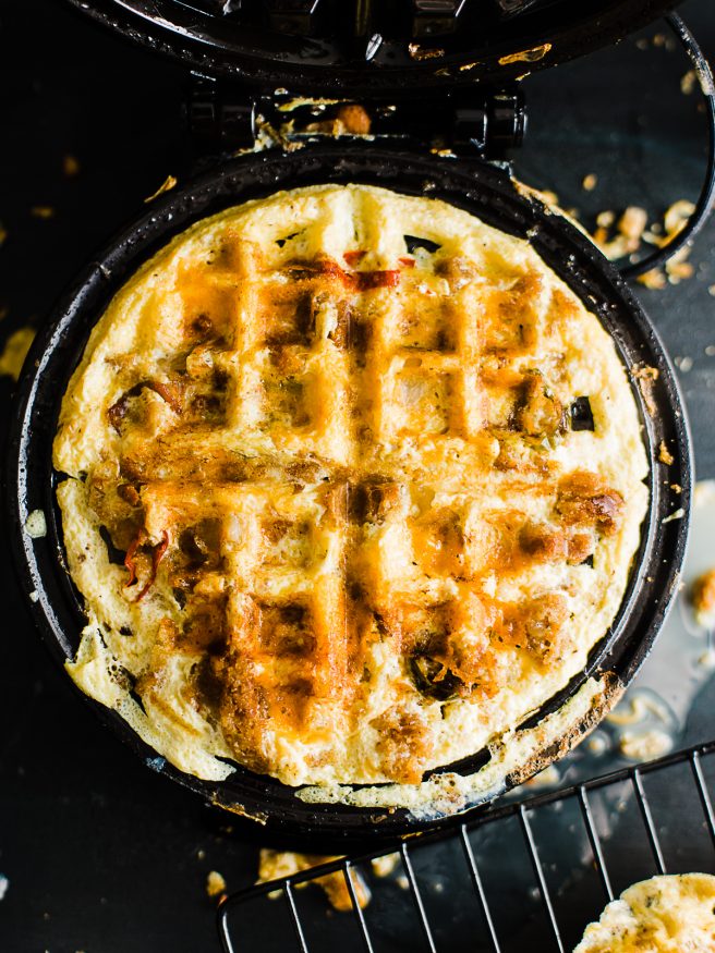 Frittata Waffles cooked with thanksgiving leftovers. This is an awesome way to make an easy breakfast the day after thanksgiving!