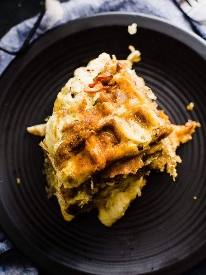 Frittata Waffles cooked with thanksgiving leftovers. This is an awesome way to make an easy breakfast the day after thanksgiving!