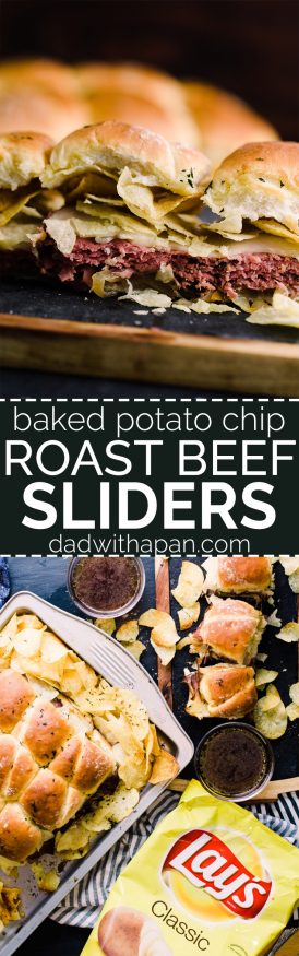 Roast Beef Sliders topped with Potato chips that are baked into the slider. Topped with a little butter and herb, and dipped in homemade au jus! The easiest way to get roast beef on the table for a game day party!