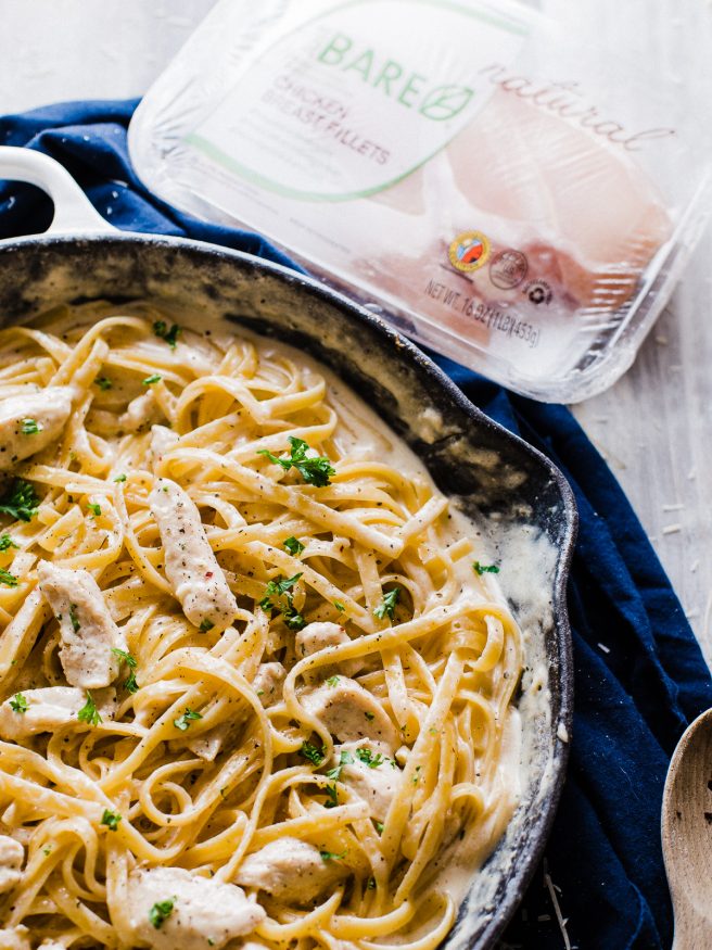 One Pan Chicken alfredo, with a from-scratch sauce and fresh Italian seasonings. Takes 20 minutes to make, and 2 minutes to clean up! 