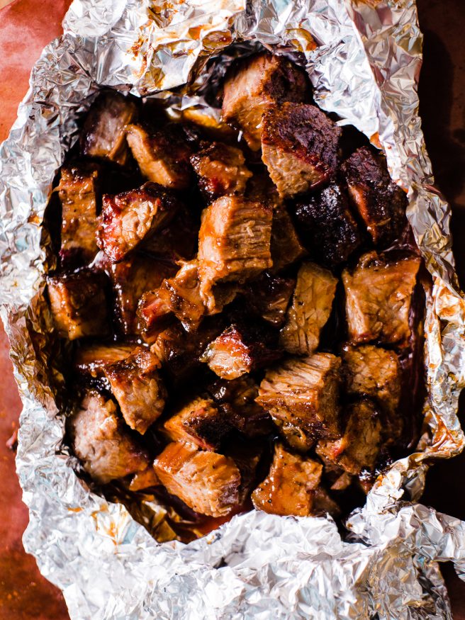 brisket burnt ends with a simple pepper based texas style rub.