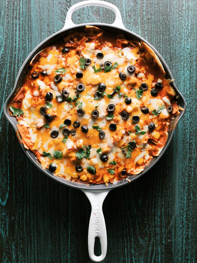 This chicken enchilada casserole skillet cuts down on prep time making this a delicious and easy dinner to get on the table for a crazy weeknight!