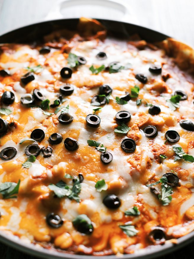 This chicken enchilada casserole skillet cuts down on prep time making this a delicious and easy dinner to get on the table for a crazy weeknight!