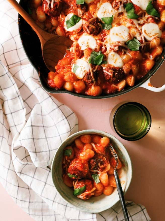 Gnocchi, meatballs and cheese loaded in a skillet and baked to perfection. Such a simple and delicious weeknight dinner for the family!