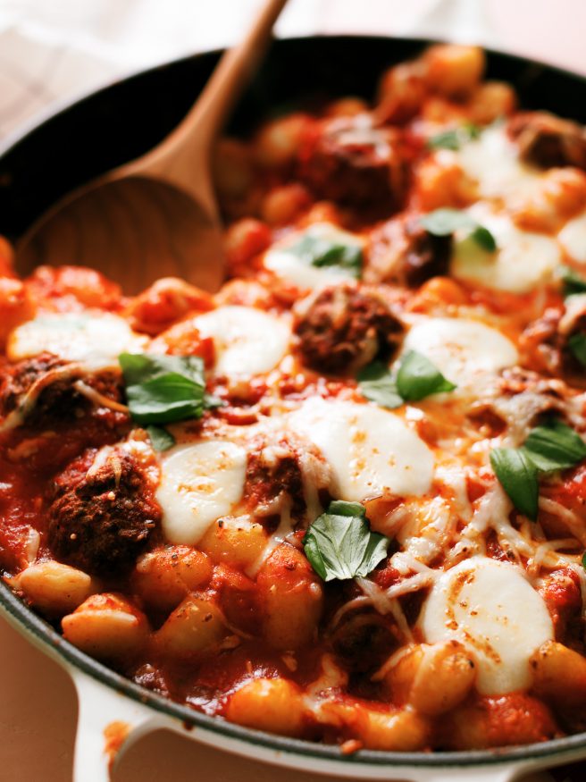 Gnocchi, meatballs and cheese loaded in a skillet and baked to perfection. Such a simple and delicious weeknight dinner for the family!