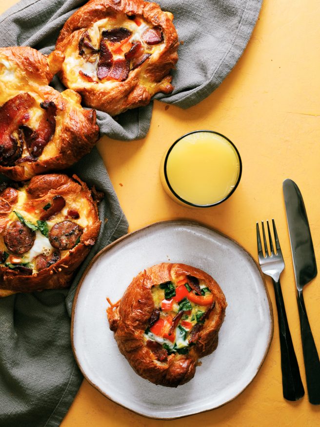 Breakfast Croissant Boats loaded with an egg bacon and bell pepper frittata is soo delicious and the perfect way to get your weekend breakfast going!
