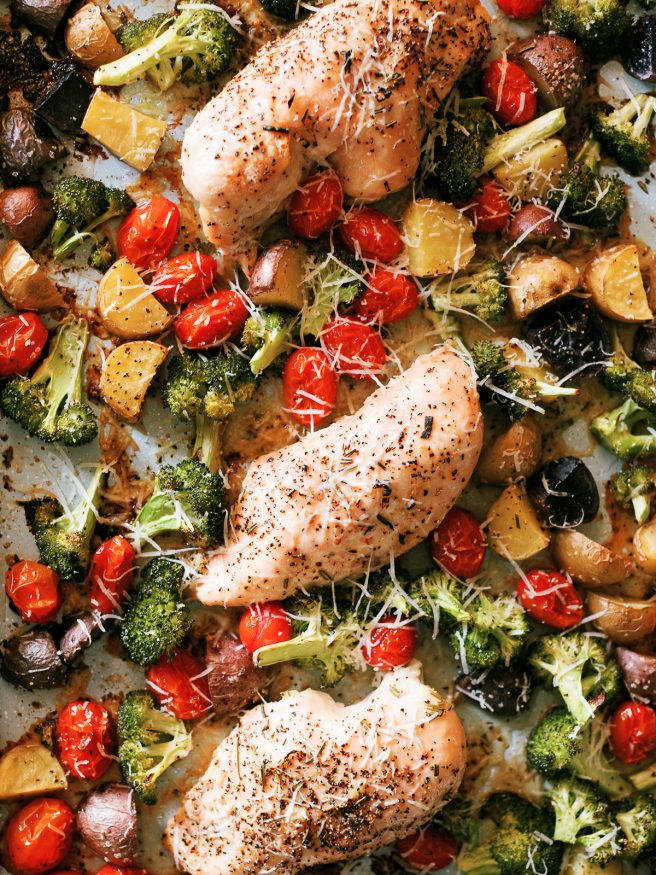 A heart healthy sheet pan garlic chicken and vegetable sheet pan recipe is bursting with flavor and an easy low-cholesterol chicken recipe!