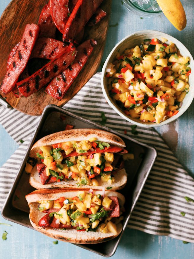 The smokiness from the sausage and bright, beautiful flavors from the pineapple
salsa go together perfectly in this awesome summer grilled sausage hoagie!
