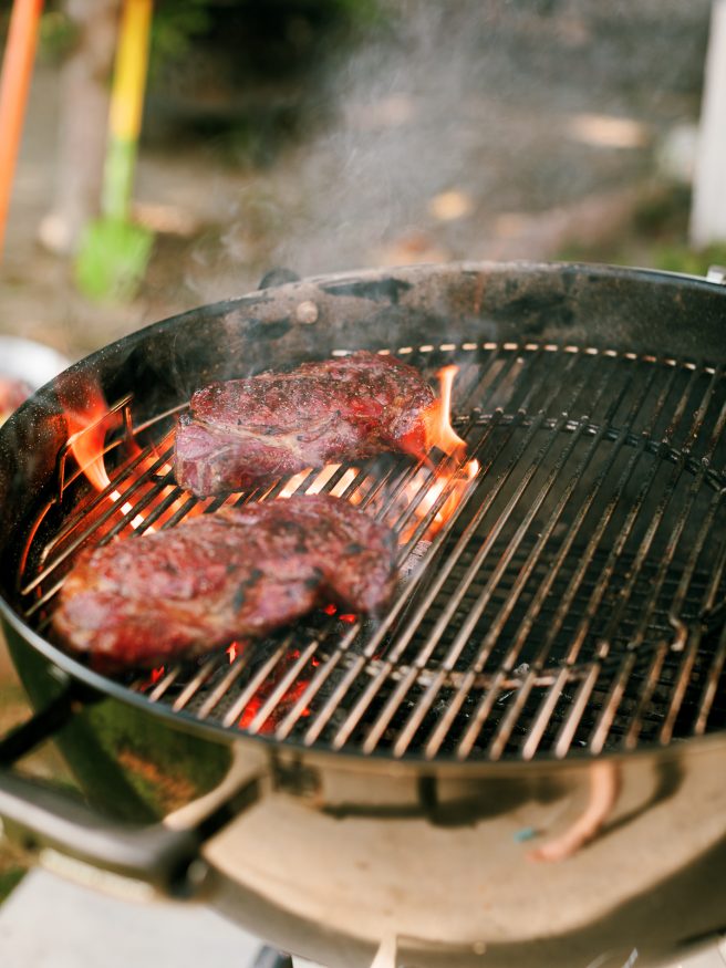 Smoked rib eye steaks with hickory pellets on a Traeger, then cold grate seared on my Weber Kettle, to get the perfect crust and flavor on any steak!