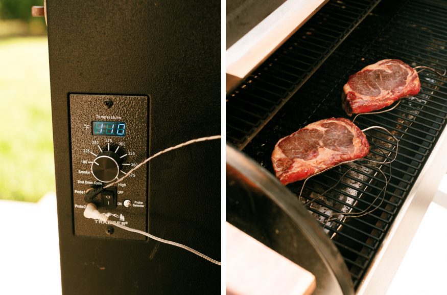 Smoked rib eye steaks with hickory pellets on a Traeger, then cold grate seared on my Weber Kettle, to get the perfect crust and flavor on any steak!