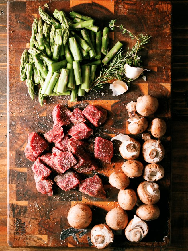 Steak and mushroom bites with filet mignon, baby portabello and asparagus. Seared in a cast iron skillet with butter, herbs and garlic. 