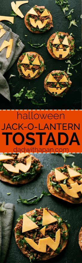 Jack O lantern tostadas are  topped  with beans, taco-seasoned ground beef and cheese cut out into fun jack-o-lantern shapes. Great halloween night dinner!