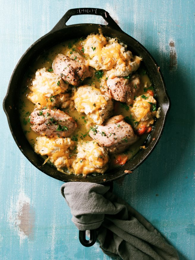 A Chicken and Dumplings skillet is cooked all in one pan. This savory dish is one of my favorite comfort foods!