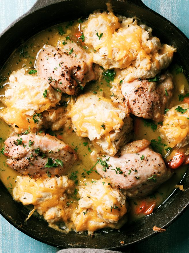 A Chicken and Dumplings skillet is cooked all in one pan. This savory dish is one of my favorite comfort foods!
