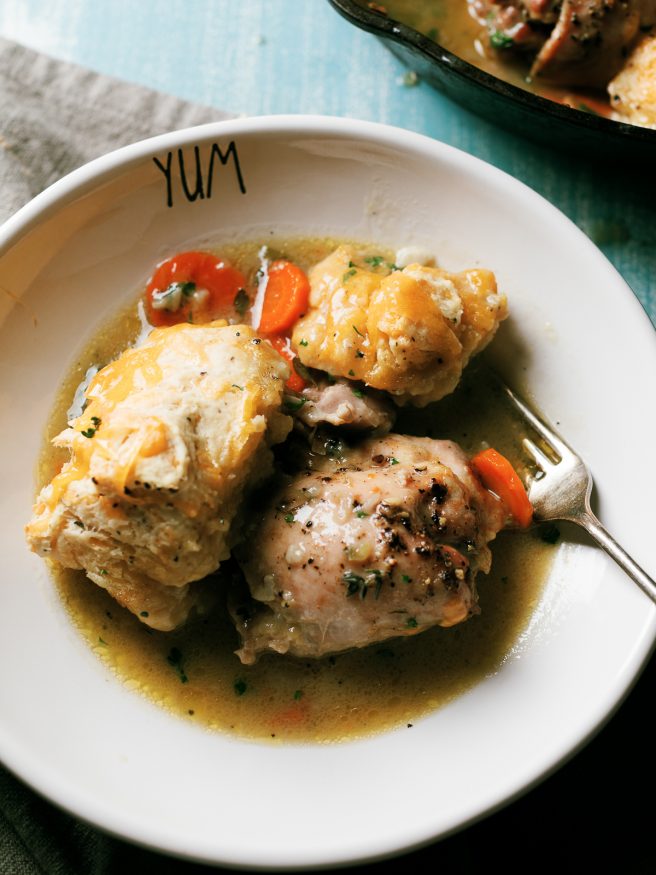 A Chicken and Dumplings skillet is cooked all in one pan. This savory dish is one of my favorite comfort foods!