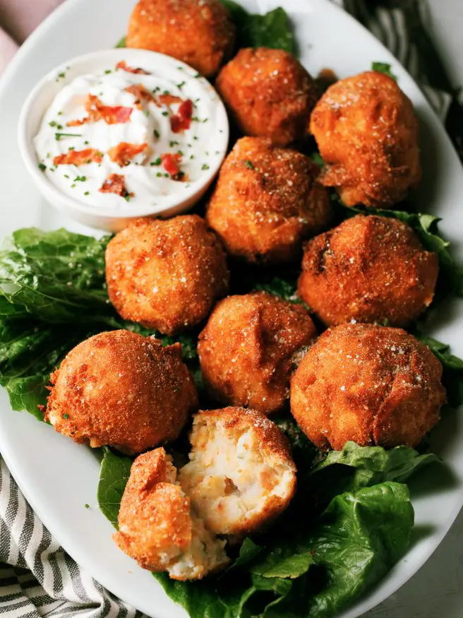 Fried Mashed Potato balls are loaded with cheese, bacon and a little garlic and herb seasoning. It’s the perfect thanksgiving app!