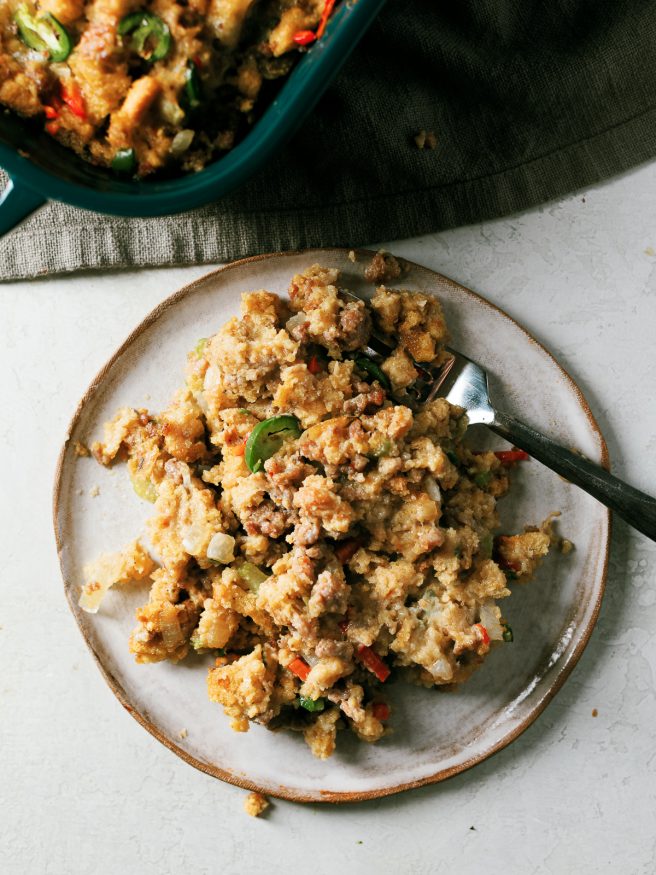 Sausage Jalapeno Cornbread Stuffing crispy on the outside, and moist and delicious on the inside. Its a great all around stuffing to bring to the table!