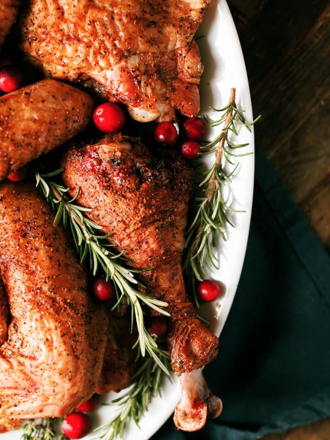 Smoked Turkey legs with a rosemary and sage brine that is perfect for all the dark meat lovers for Thanksgiving and Christmas dinner!