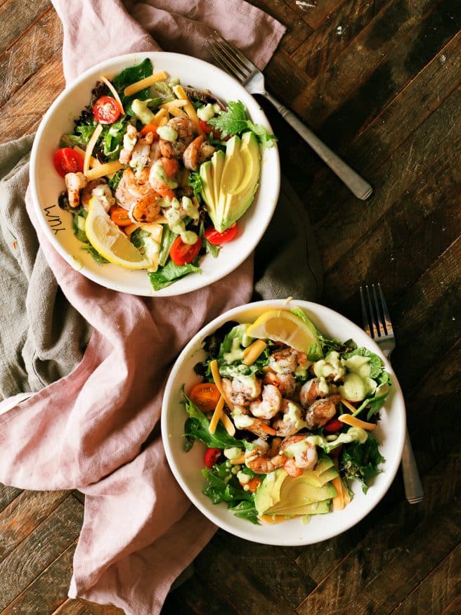 Grilled Shrimp Salad with Citrus Avocado Dressing seasoned with lemon garlic and a little cilantro. Perfect salad for the spring time! 