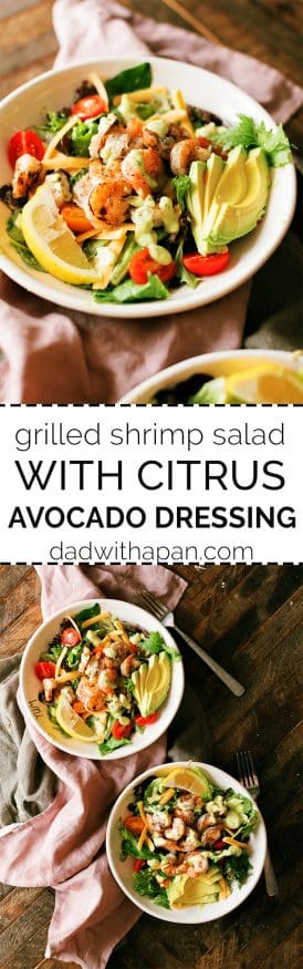 Grilled Shrimp Salad with Citrus Avocado Dressing seasoned with lemon garlic and a little cilantro. Perfect salad for the spring time! 