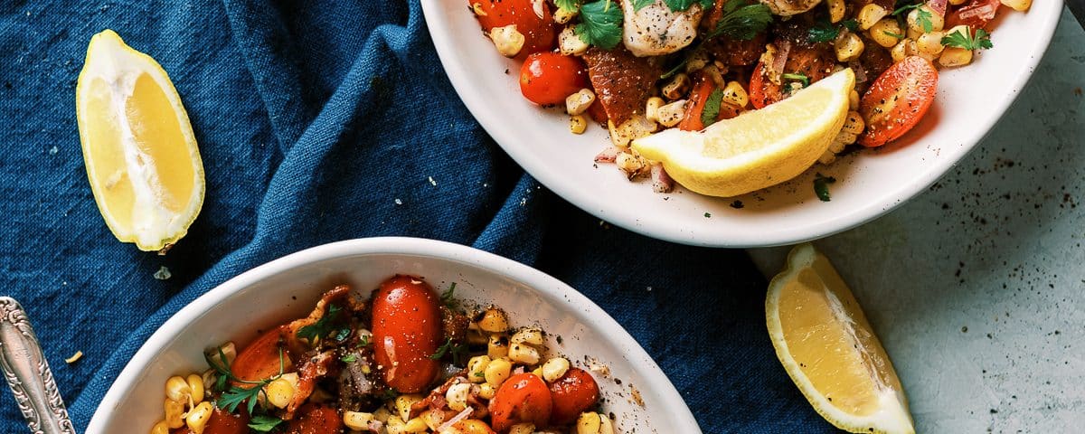 Bacon Corn Tomato Salad with Grilled Scallops - Dad With A Pan