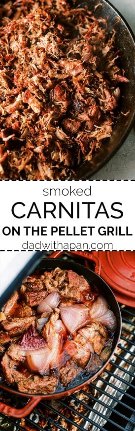 Smoked carnitas is Pork shoulder smoked with hickory wood pellets, then braised in a mixture of fresh squeezed oranges, onion, garlic, and mexican seasoning