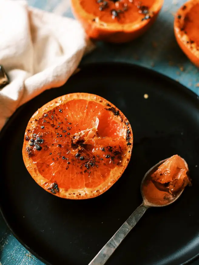 Grapefruit brulee is a simple and perfect way to start your morning. its topped with a sugar coating, torched brulee style.