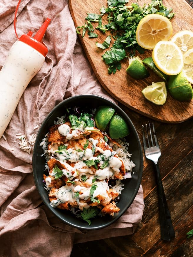 Grilled Fish Taco Bowl with Cilantro Aioli - Dad With A Pan