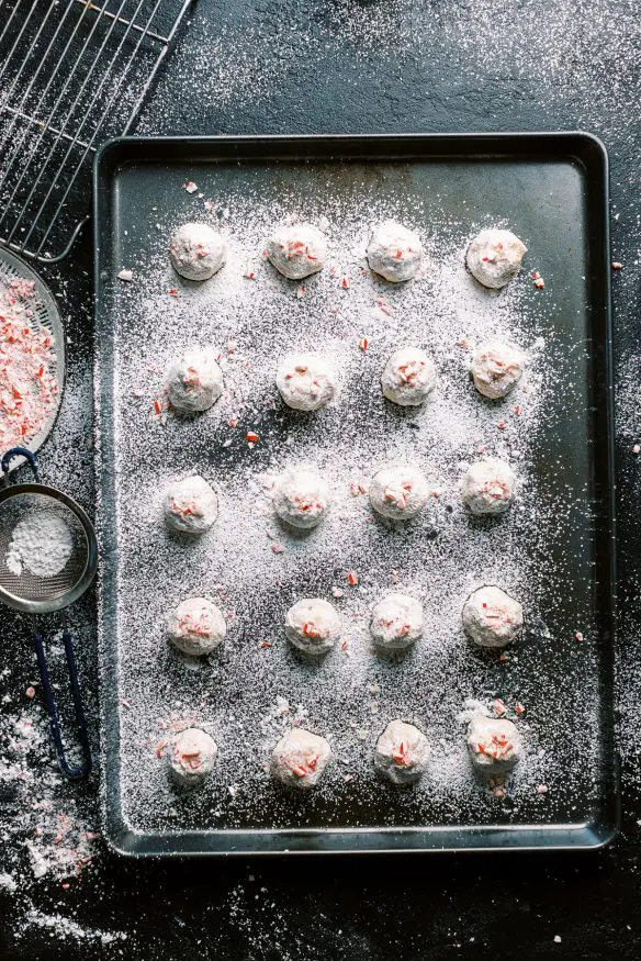 Snowball cookies with pecans on the inside, and crushed candy cane out the outside. One of my favorite cookies during Christmas!