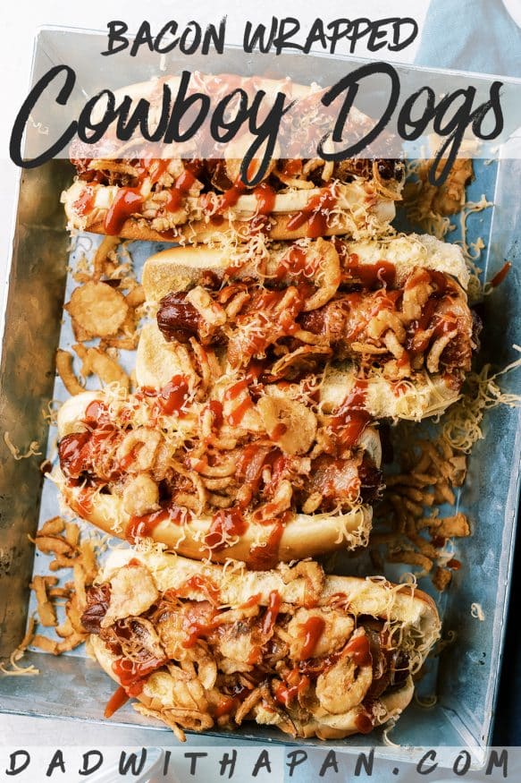Bacon Wrapped Cowboy Hot dogs with BBQ sauce cheese and some fried onions is a great weeknight dinner paired with some homestyle baked beans